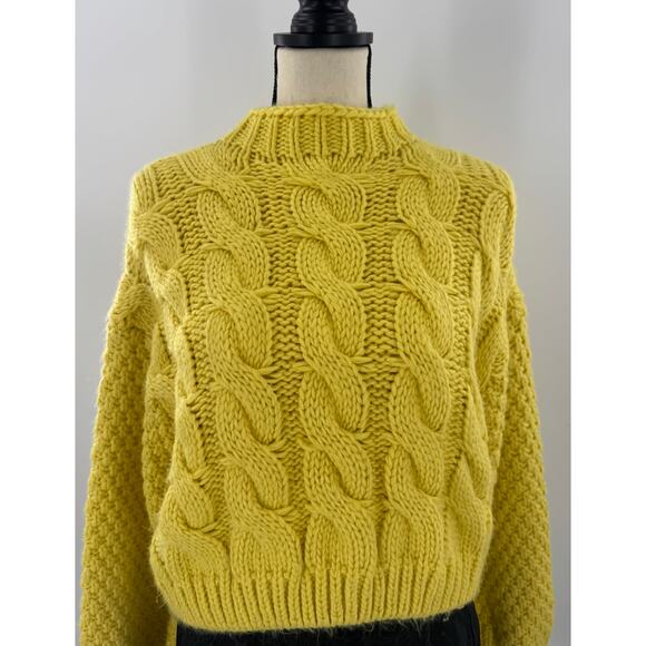 Zara Yellow Cableknit Sweater Mockneck Gold Knit Pullover Small Crop - Picture 3 of 8